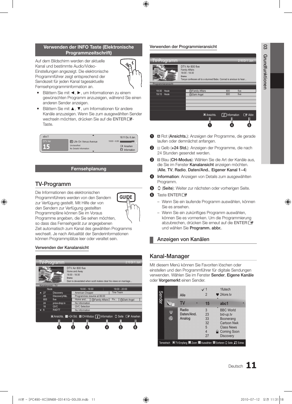 Tv-programm, Kanal-manager, Anzeigen von kanälen | Guide, Fernsehplanung, Sender | Samsung PS50C490B3W User Manual | Page 95 / 382
