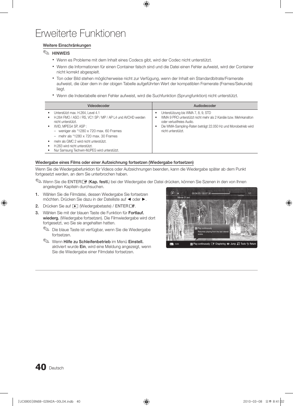 Erweiterte funktionen | Samsung UE37C6820US User Manual | Page 102 / 249