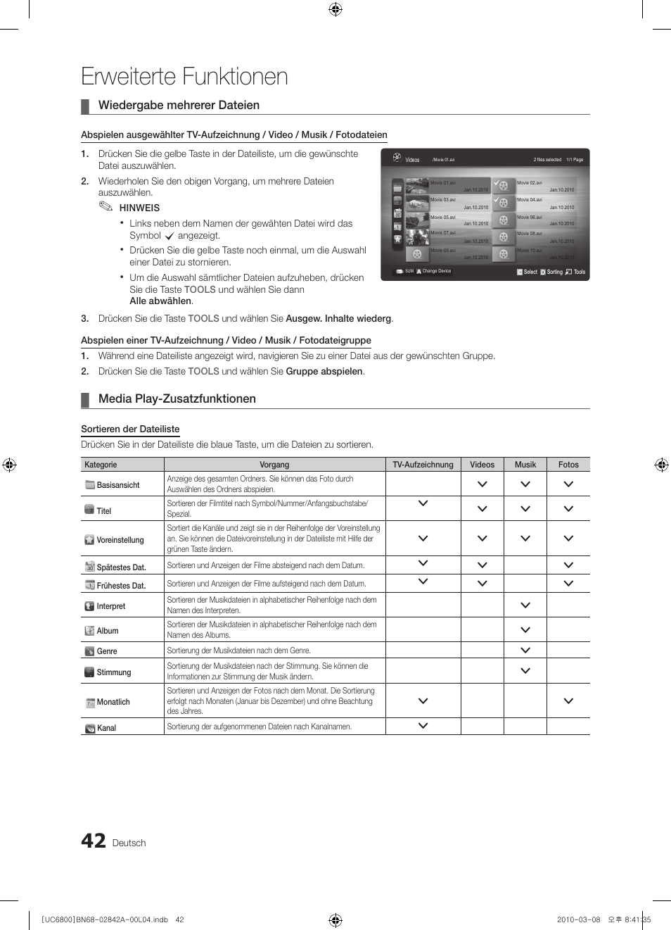 Erweiterte funktionen, Wiedergabe mehrerer dateien, Media play-zusatzfunktionen | Samsung UE37C6820US User Manual | Page 104 / 249