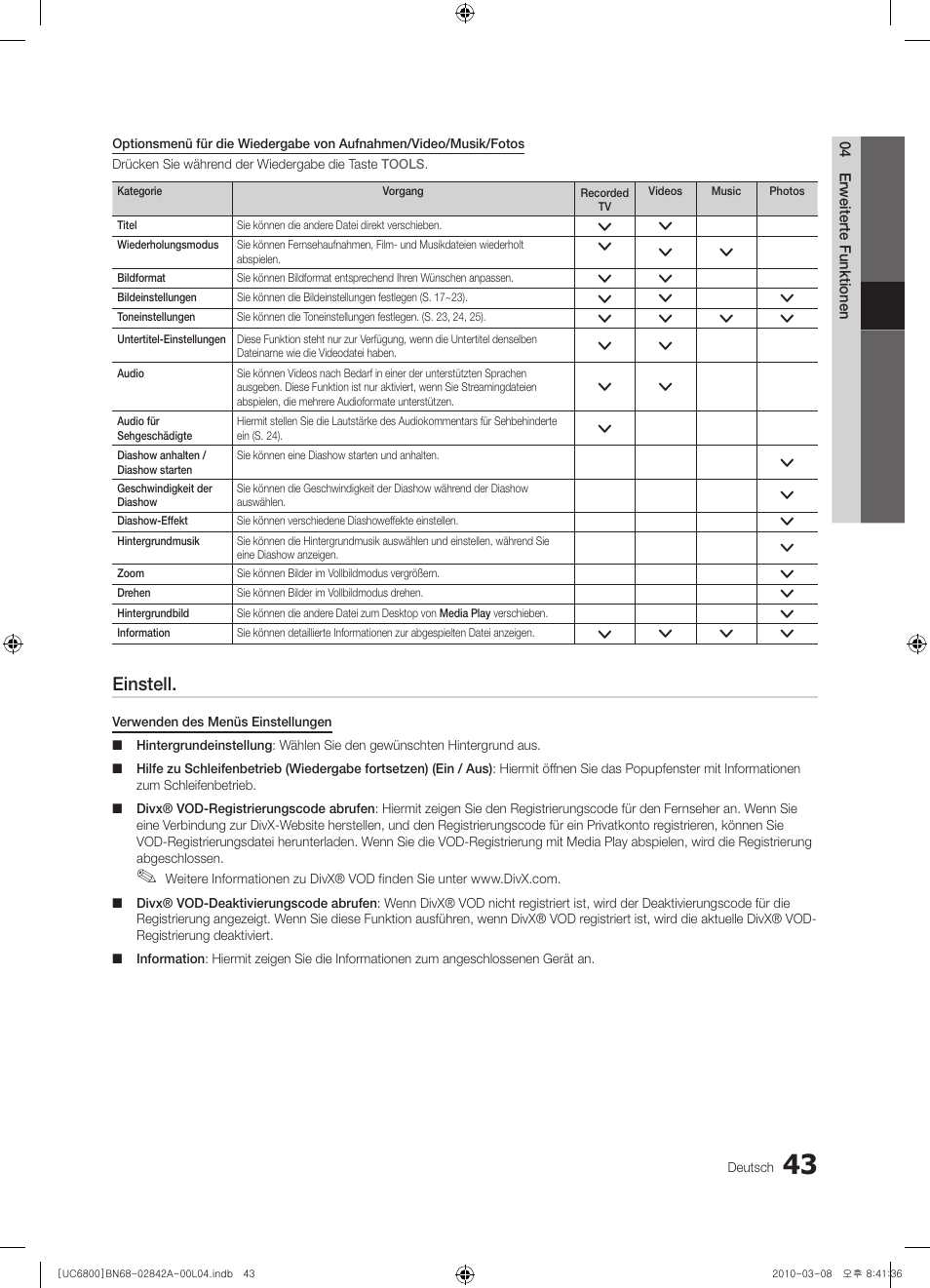 Einstell | Samsung UE37C6820US User Manual | Page 105 / 249