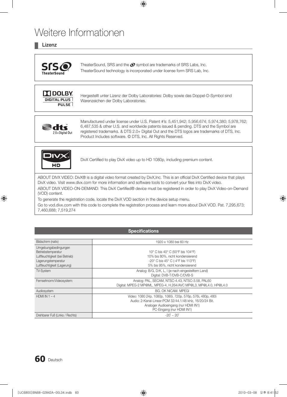 Weitere informationen | Samsung UE37C6820US User Manual | Page 122 / 249