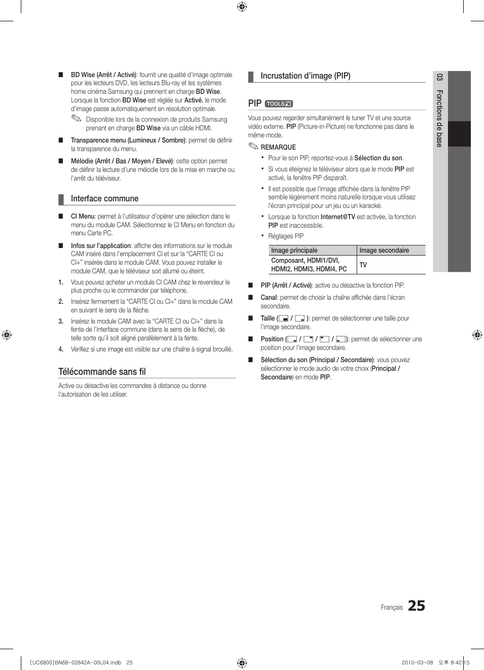 Télécommande sans fil | Samsung UE37C6820US User Manual | Page 149 / 249