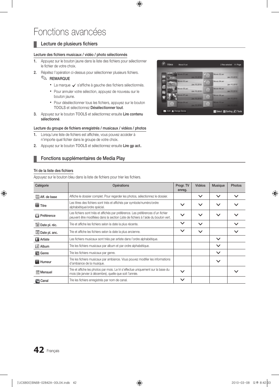 Fonctions avancées, Lecture de plusieurs fichiers, Fonctions supplémentaires de media play | Samsung UE37C6820US User Manual | Page 166 / 249