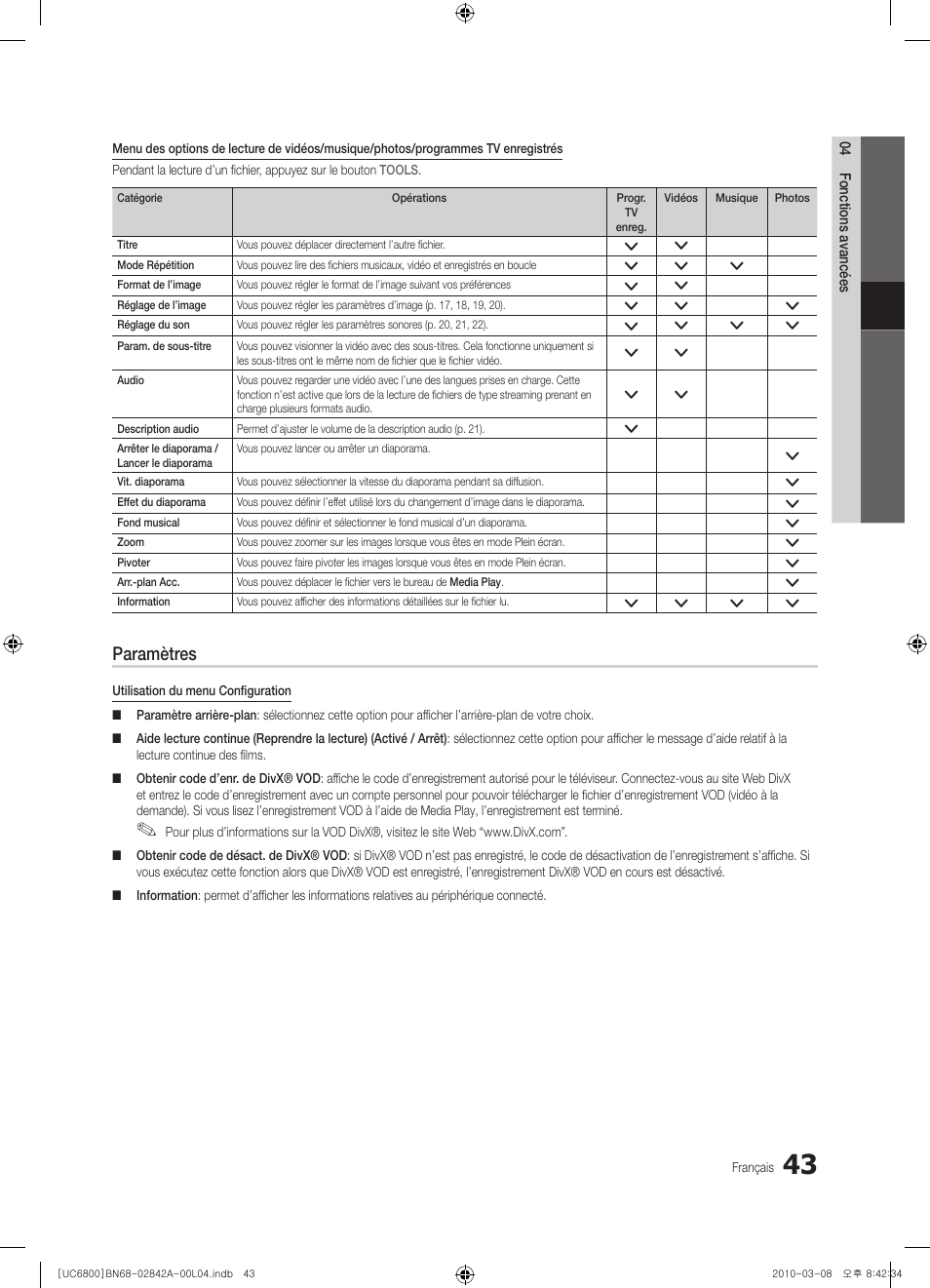 Paramètres | Samsung UE37C6820US User Manual | Page 167 / 249