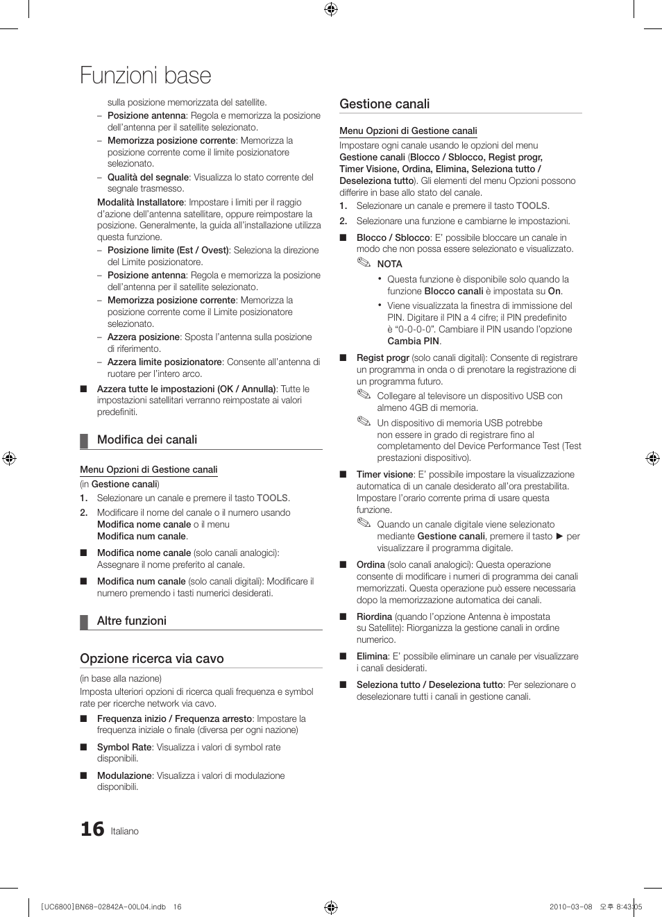 Funzioni base, Opzione ricerca via cavo, Gestione canali | Samsung UE37C6820US User Manual | Page 202 / 249