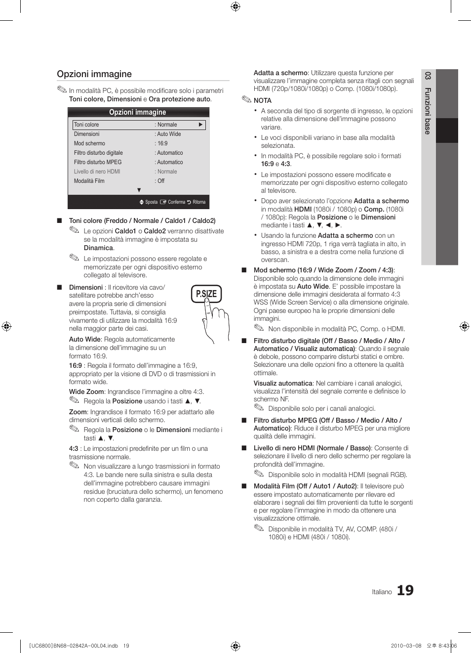 Opzioni immagine, P.size | Samsung UE37C6820US User Manual | Page 205 / 249