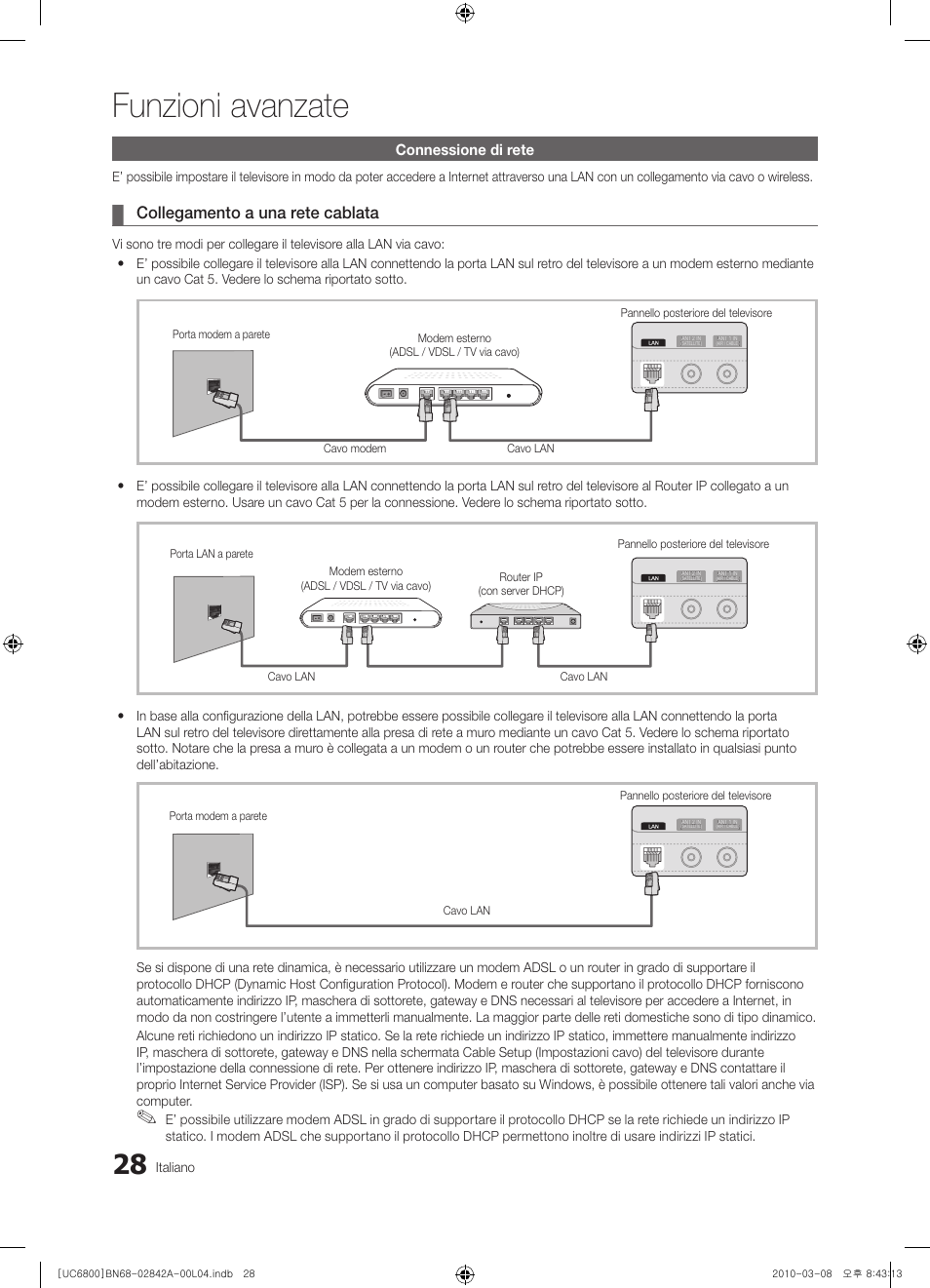 Funzioni avanzate, Collegamento a una rete cablata, Connessione di rete | Samsung UE37C6820US User Manual | Page 214 / 249
