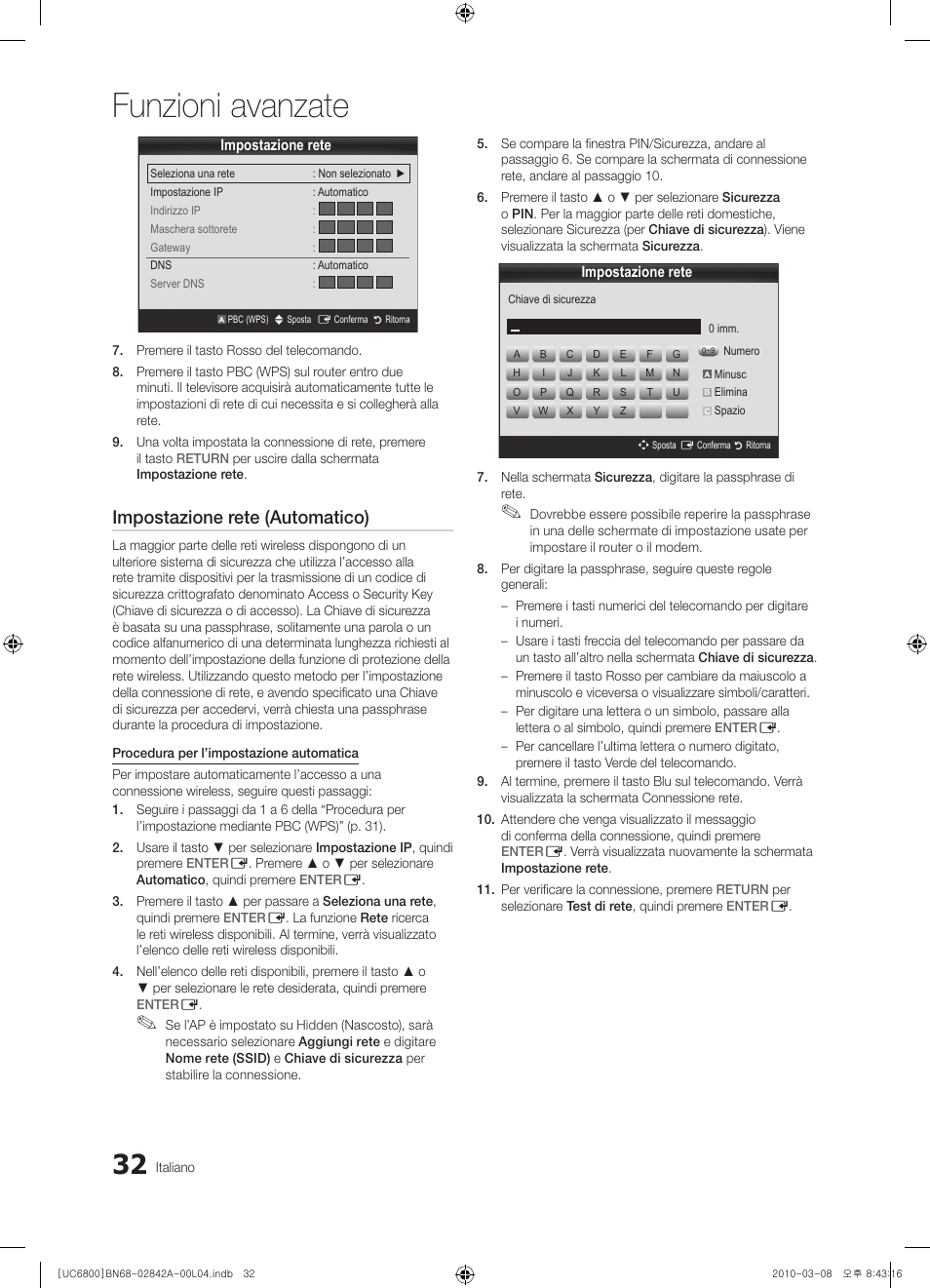 Funzioni avanzate, Impostazione rete (automatico) | Samsung UE37C6820US User Manual | Page 218 / 249