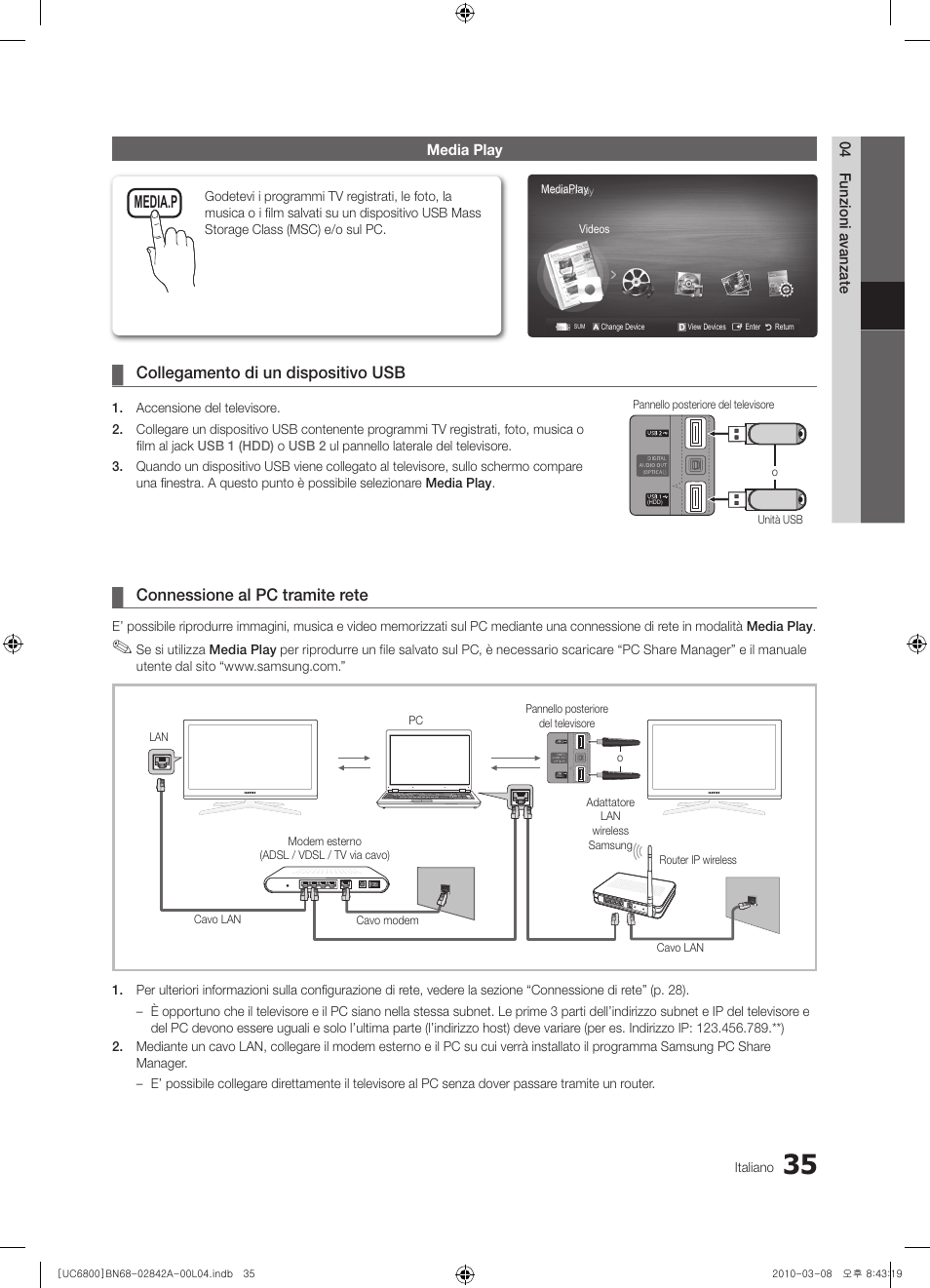 Collegamento di un dispositivo usb, Connessione al pc tramite rete, Media.p | Samsung UE37C6820US User Manual | Page 221 / 249