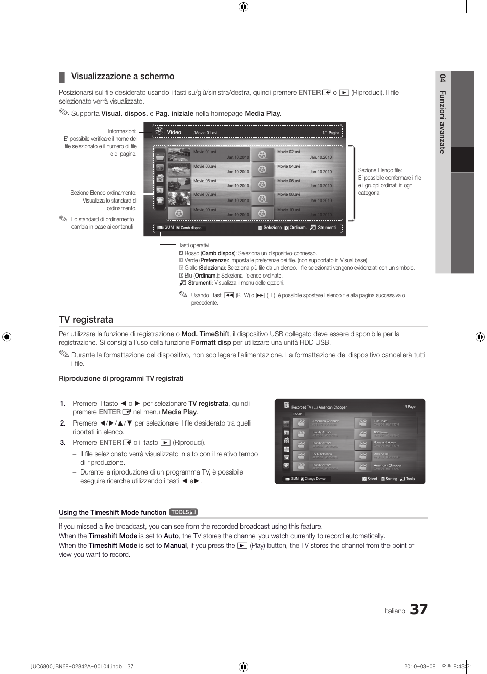 Tv registrata, Visualizzazione a schermo | Samsung UE37C6820US User Manual | Page 223 / 249