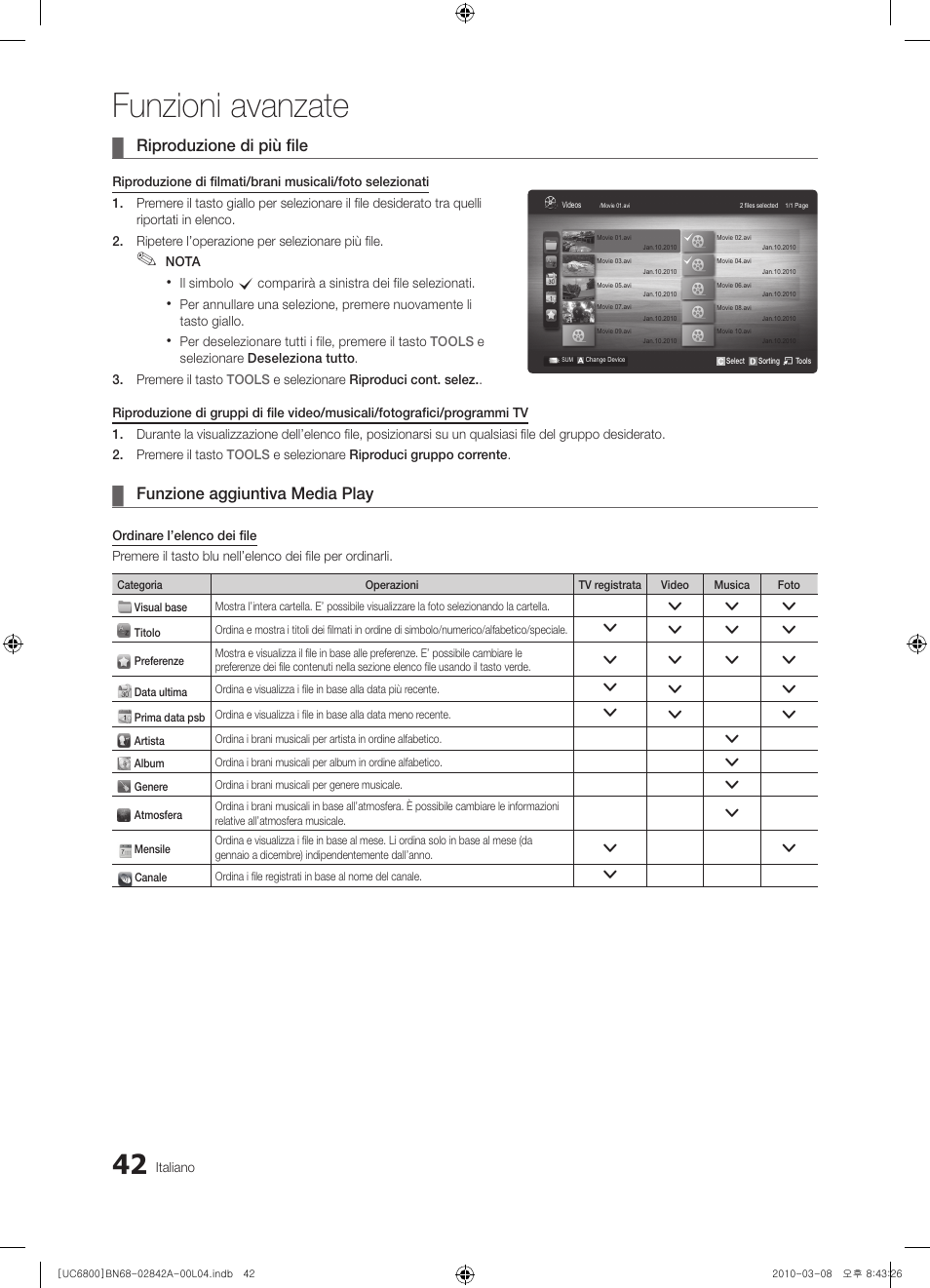Funzioni avanzate, Riproduzione di più file, Funzione aggiuntiva media play | Samsung UE37C6820US User Manual | Page 228 / 249