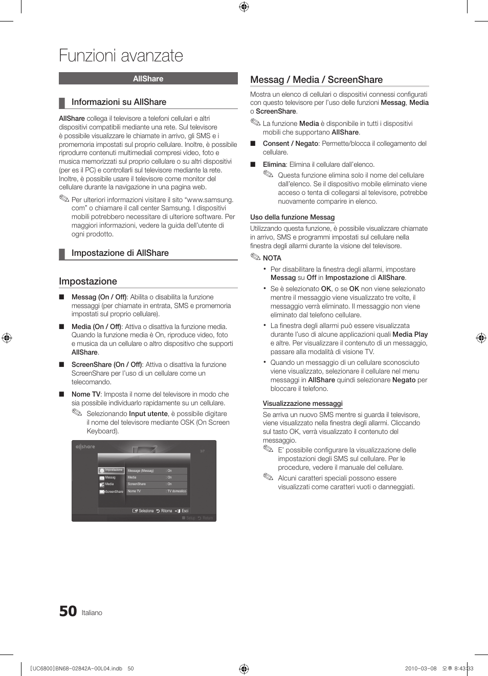 Funzioni avanzate, Impostazione, Messag / media / screenshare | Samsung UE37C6820US User Manual | Page 236 / 249