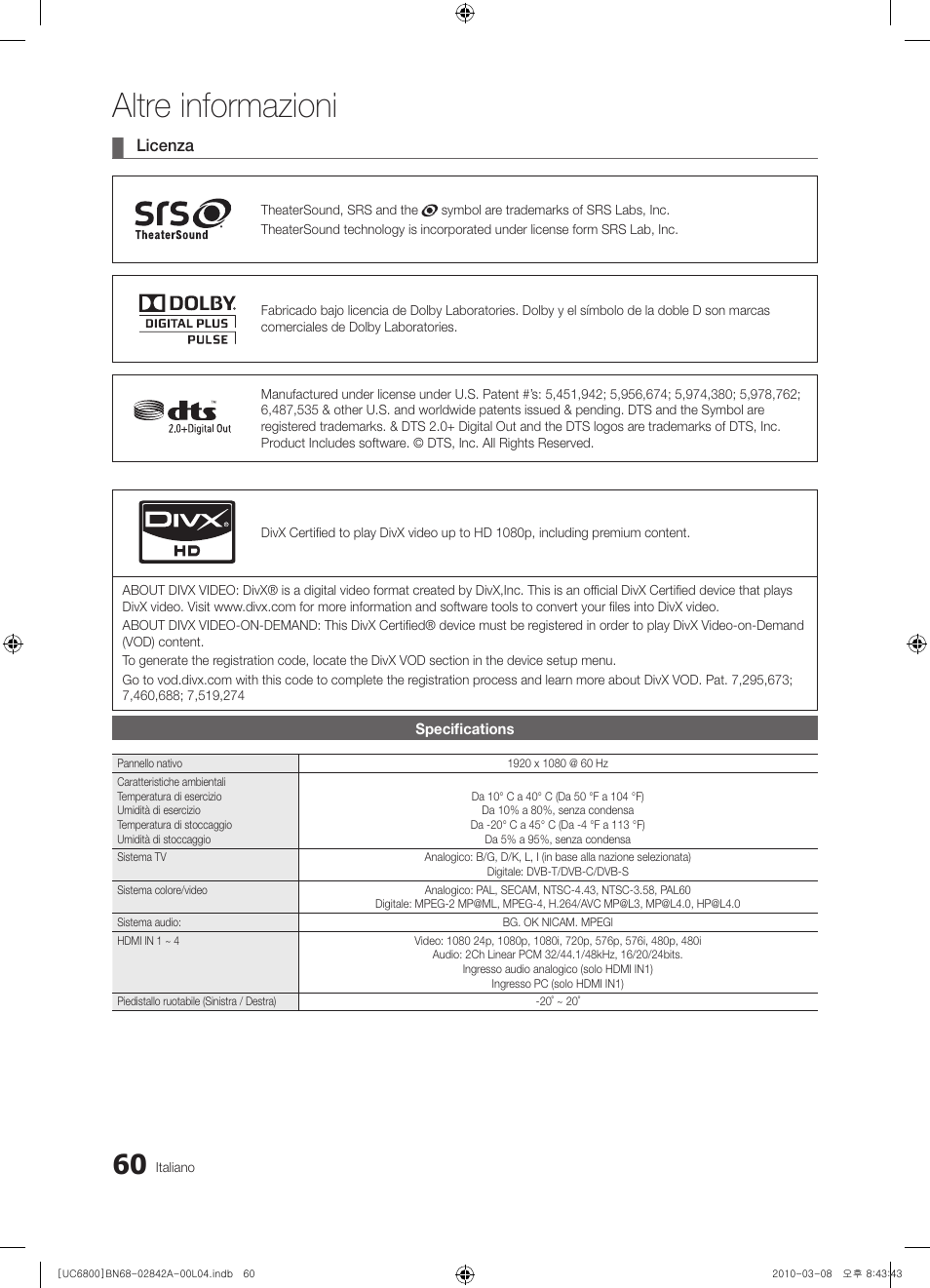 Altre informazioni | Samsung UE37C6820US User Manual | Page 246 / 249