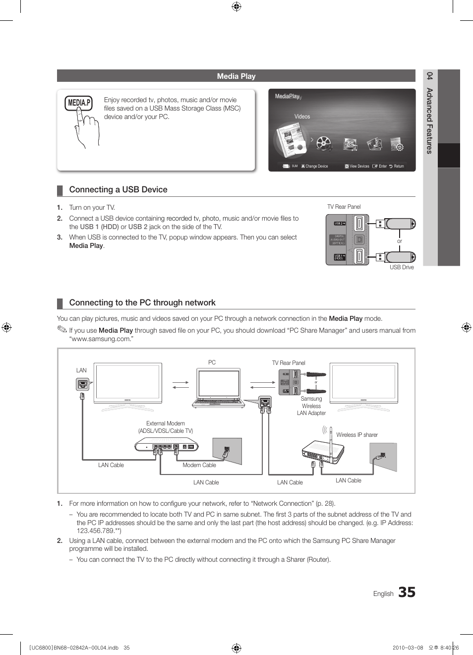 Connecting a usb device, Connecting to the pc through network, Media.p | Samsung UE37C6820US User Manual | Page 35 / 249