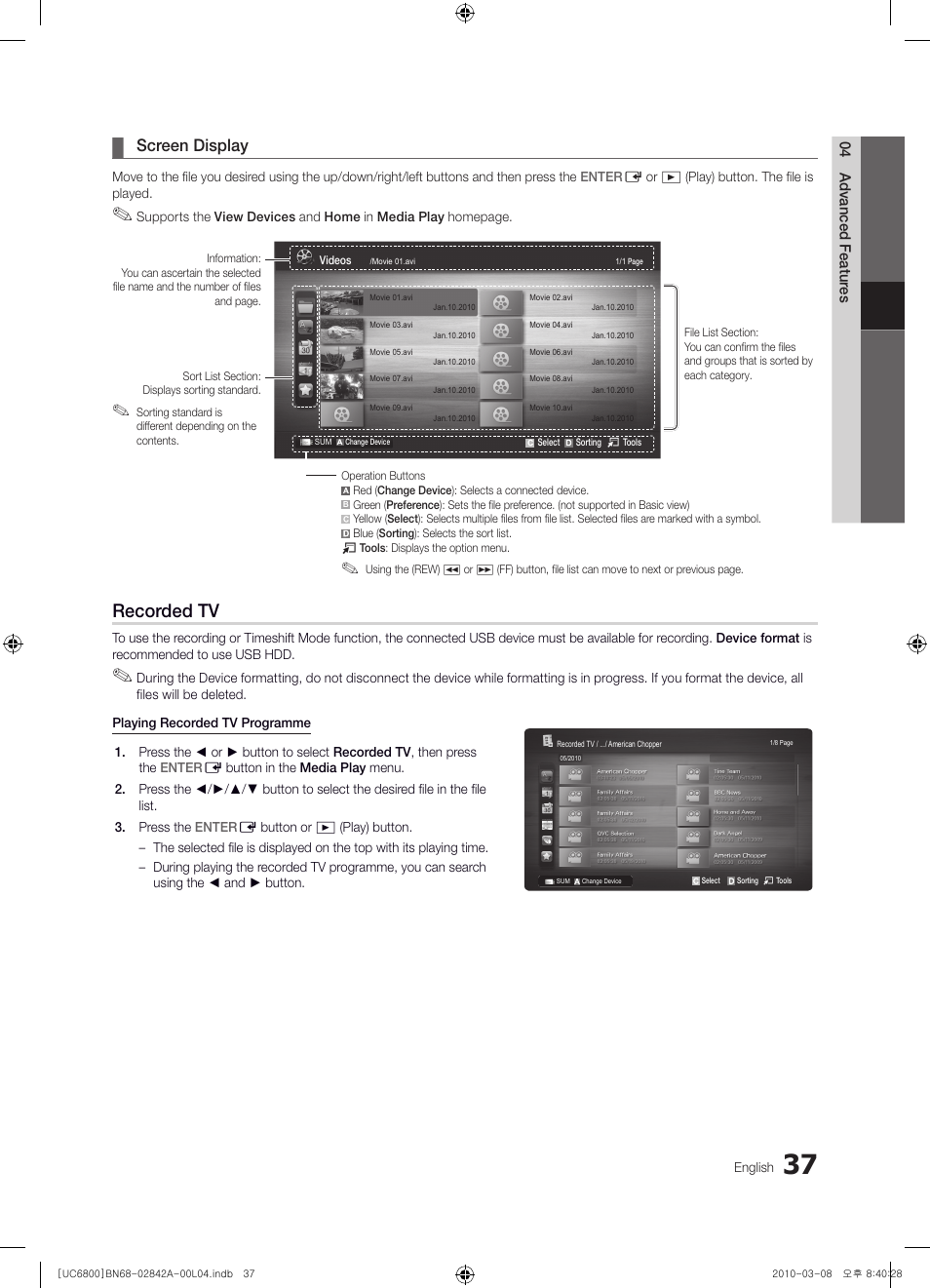 Recorded tv, Screen display | Samsung UE37C6820US User Manual | Page 37 / 249