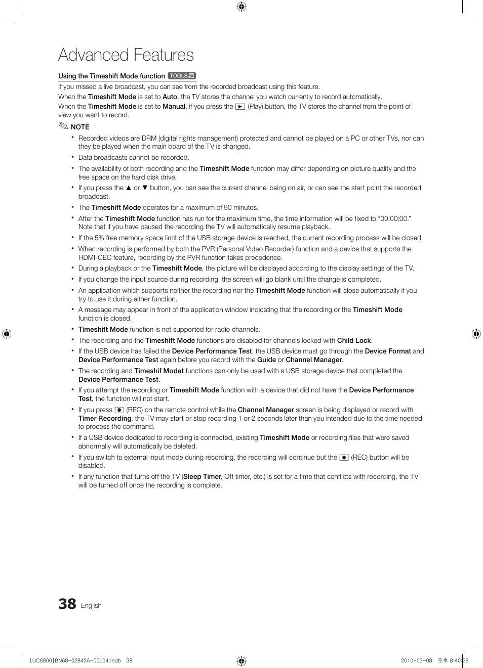 Advanced features | Samsung UE37C6820US User Manual | Page 38 / 249