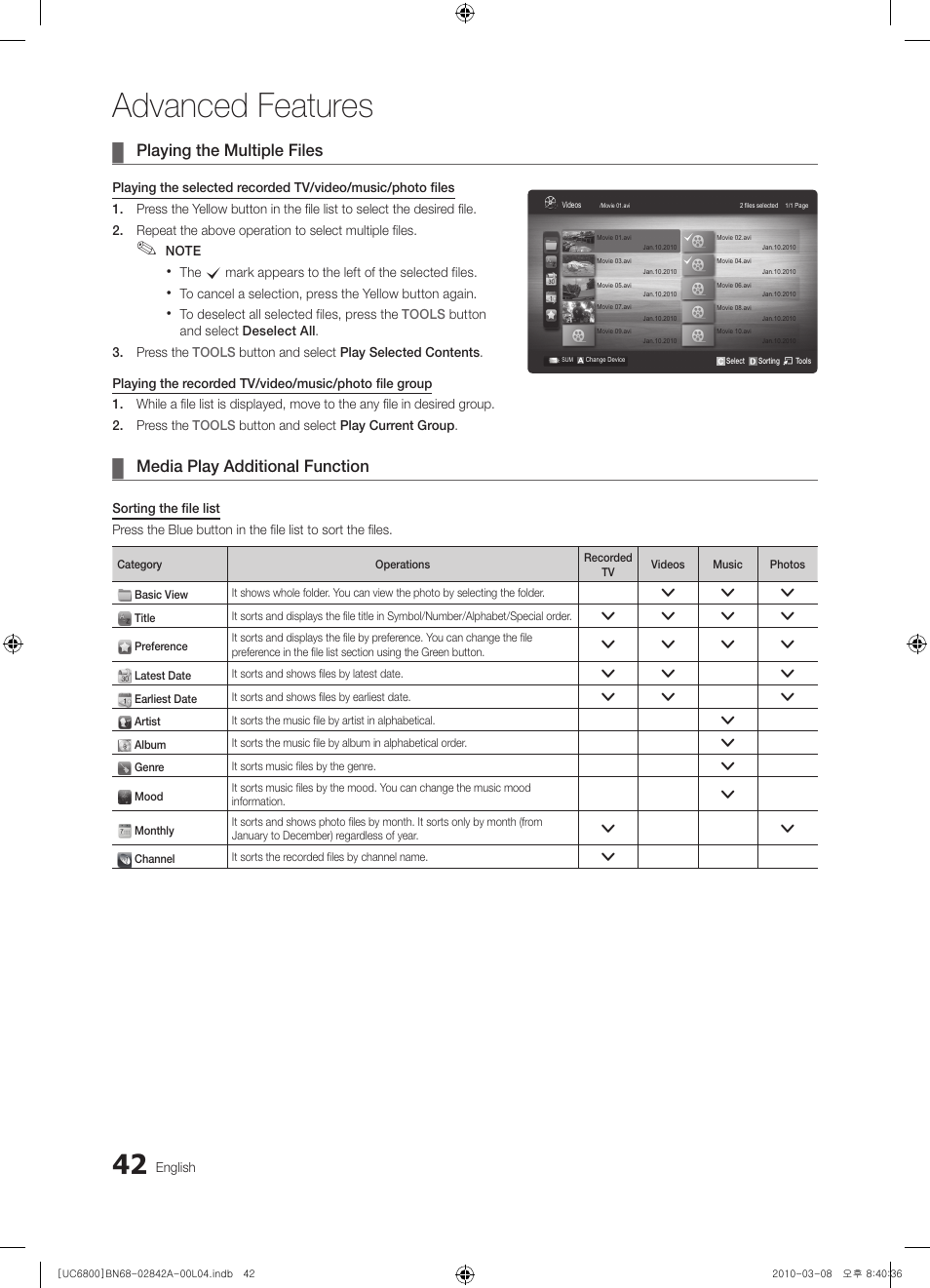 Advanced features, Playing the multiple files, Media play additional function | Samsung UE37C6820US User Manual | Page 42 / 249