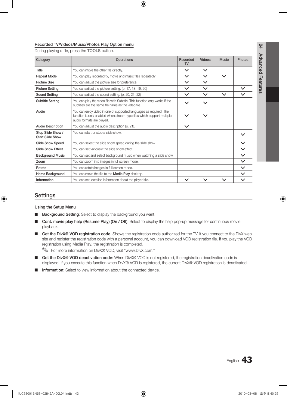 Settings | Samsung UE37C6820US User Manual | Page 43 / 249