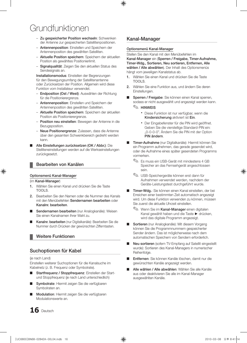 Grundfunktionen, Suchoptionen für kabel, Kanal-manager | Samsung UE37C6820US User Manual | Page 78 / 249
