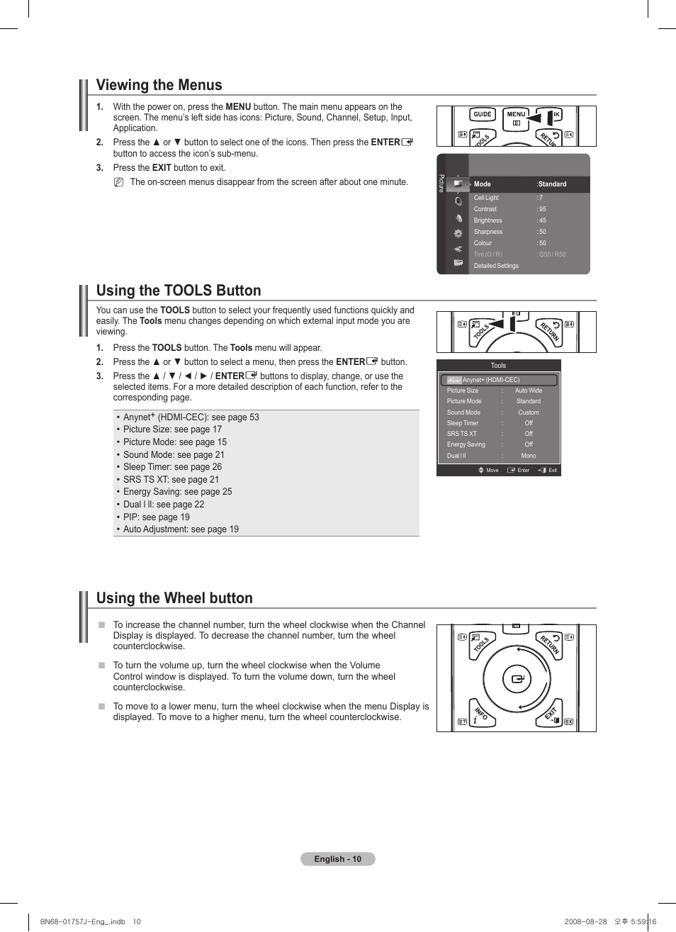 Viewing the menus, Using the tools button, Using the wheel button | Samsung PS63A756T1M User Manual | Page 10 / 436