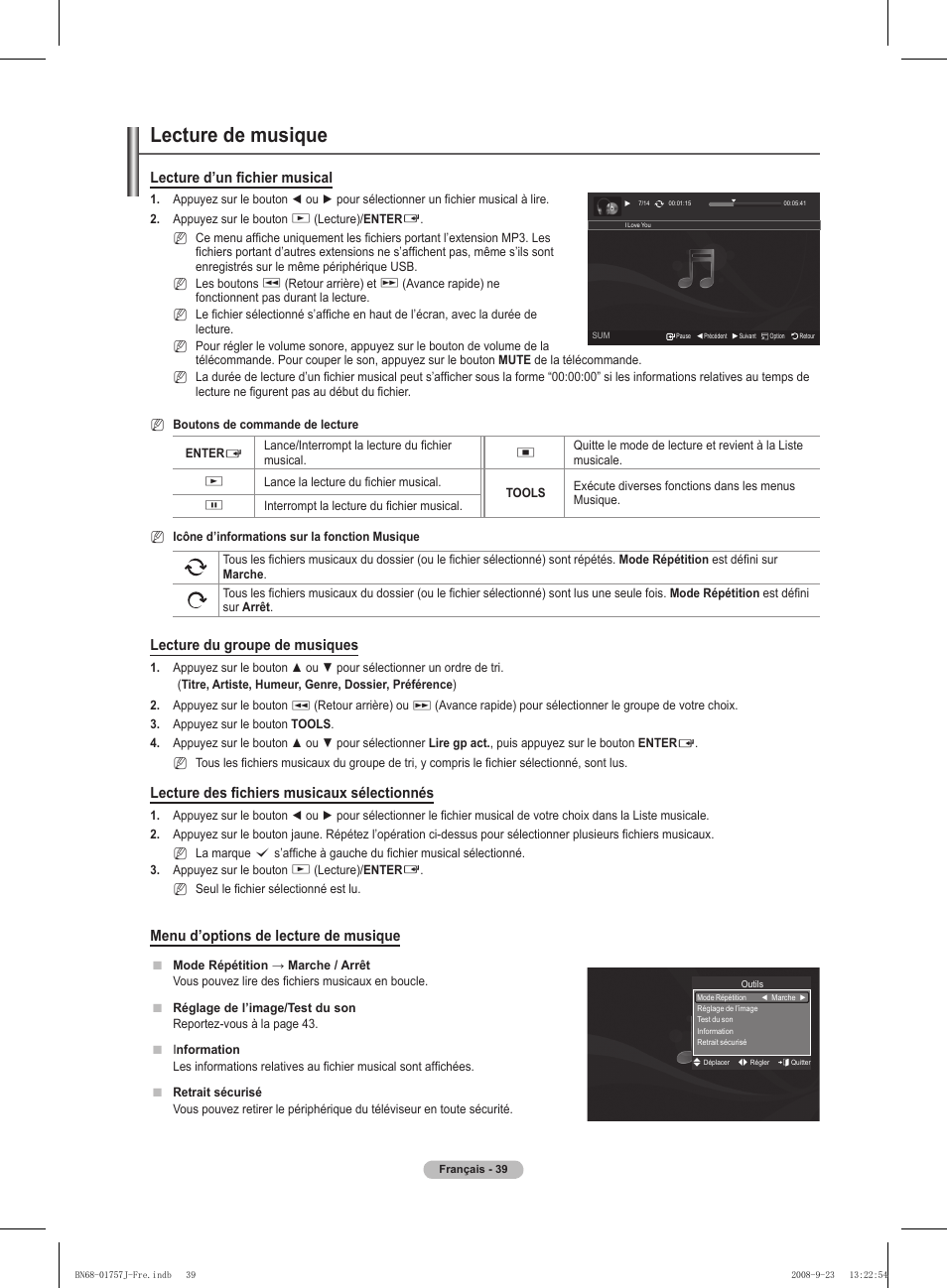 Lecture de musique, Lecture d’un fichier musical, Lecture du groupe de musiques | Lecture des fichiers musicaux sélectionnés, Menu d’options de lecture de musique | Samsung PS63A756T1M User Manual | Page 102 / 436