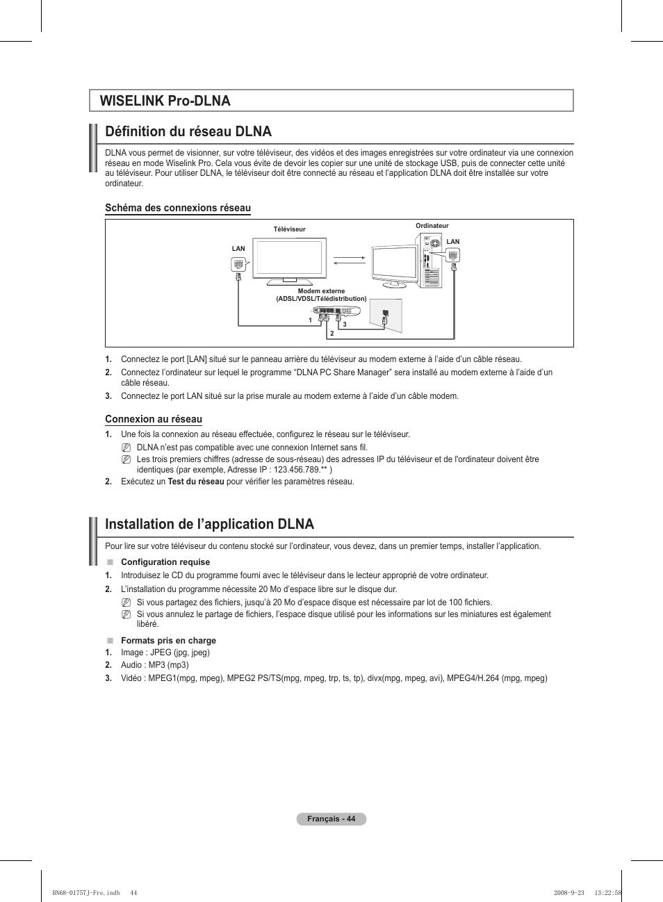 Wiselink pro-dlna définition du réseau dlna, Installation de l’application dlna | Samsung PS63A756T1M User Manual | Page 107 / 436