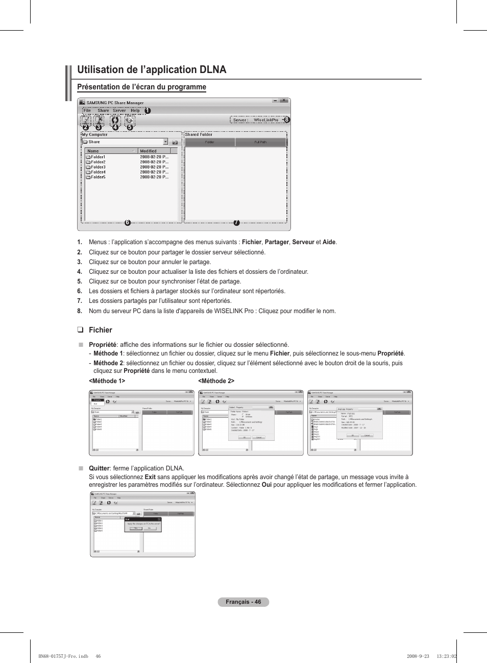 Utilisation de l’application dlna, Présentation de l’écran du programme, Fichier | Samsung PS63A756T1M User Manual | Page 109 / 436