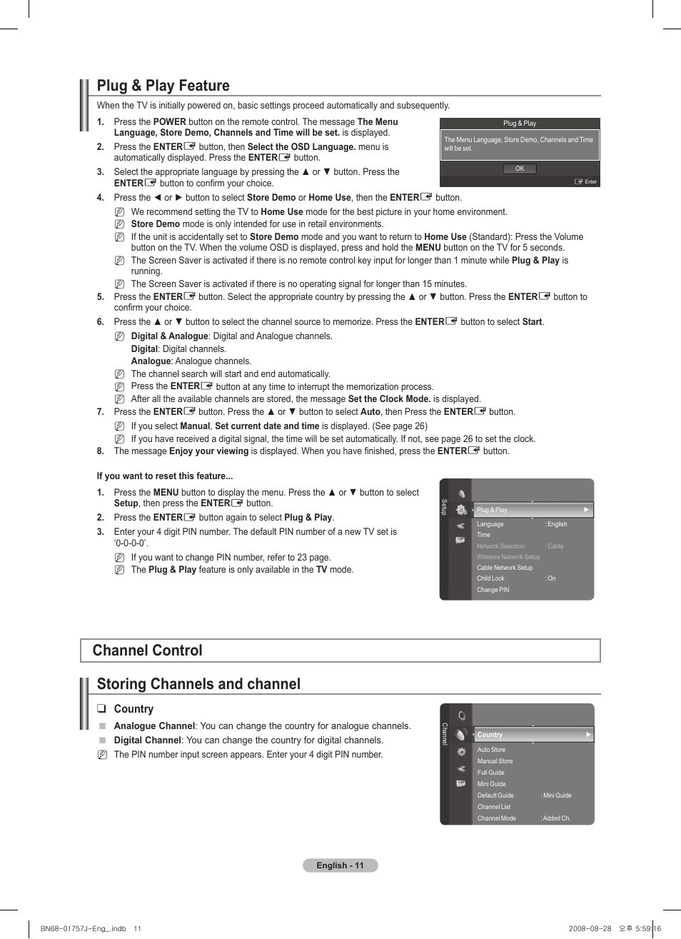 Plug & play feature, Channel control, Storing channels and channel | Channel control storing channels and channel, Country | Samsung PS63A756T1M User Manual | Page 11 / 436