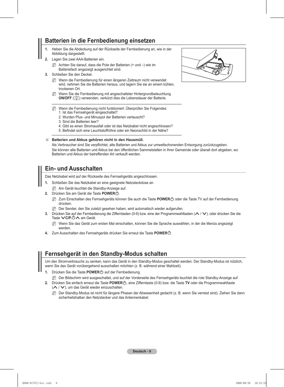 Batterien in die fernbedienung einsetzen, Ein- und ausschalten, Fernsehgerät in den standby-modus schalten | Samsung PS63A756T1M User Manual | Page 134 / 436