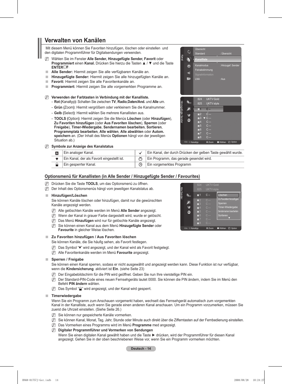 Verwalten von kanälen | Samsung PS63A756T1M User Manual | Page 139 / 436