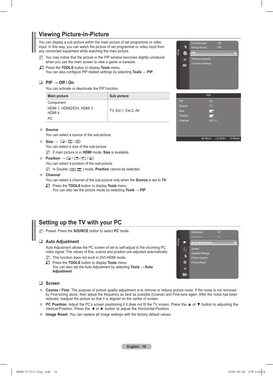 Viewing picture-in-picture, Setting up the tv with your pc, Pip → off / on | Auto adjustment, Screen | Samsung PS63A756T1M User Manual | Page 19 / 436
