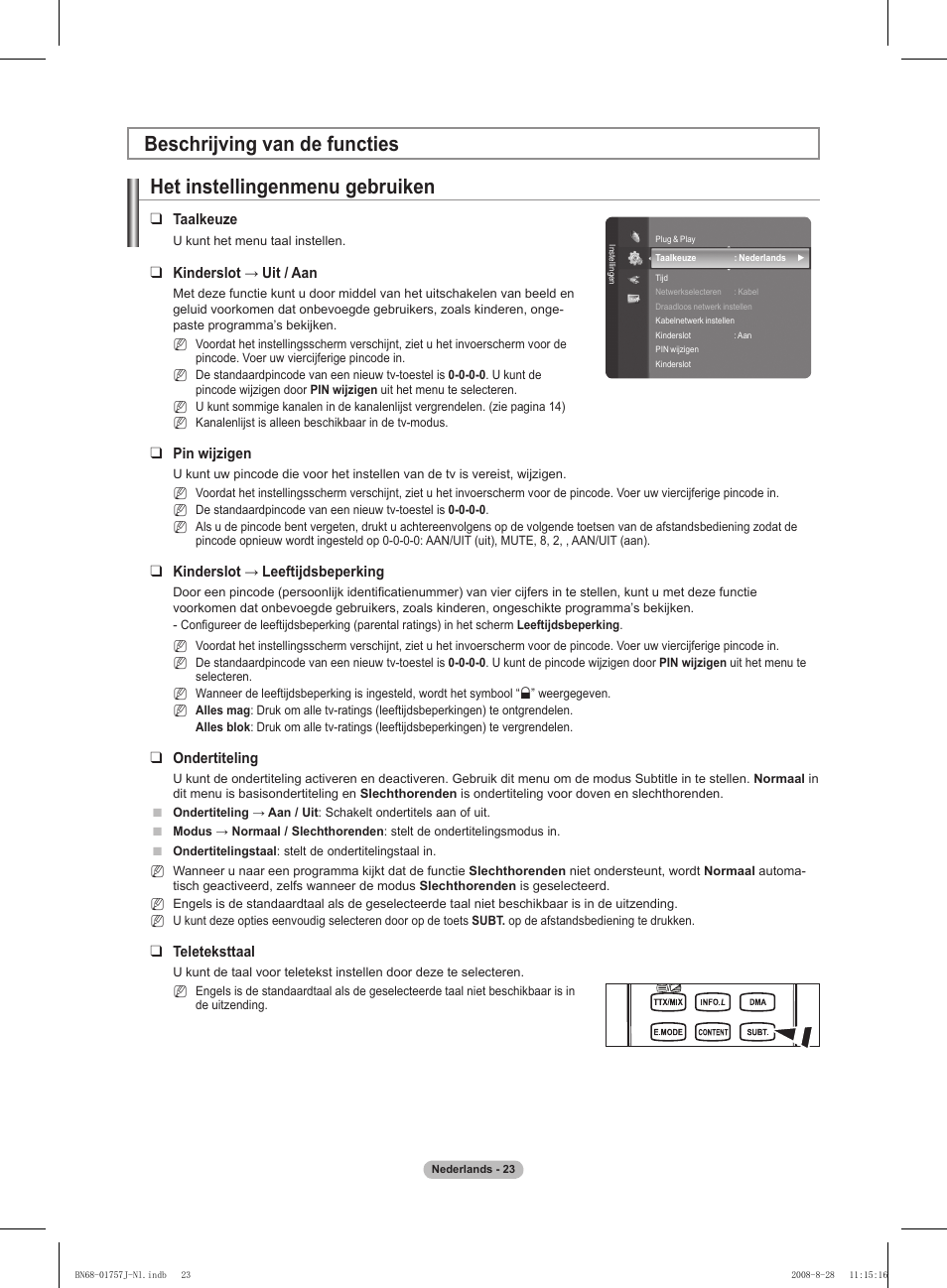 Het instellingenmenu gebruiken, Beschrijving van de functies | Samsung PS63A756T1M User Manual | Page 210 / 436