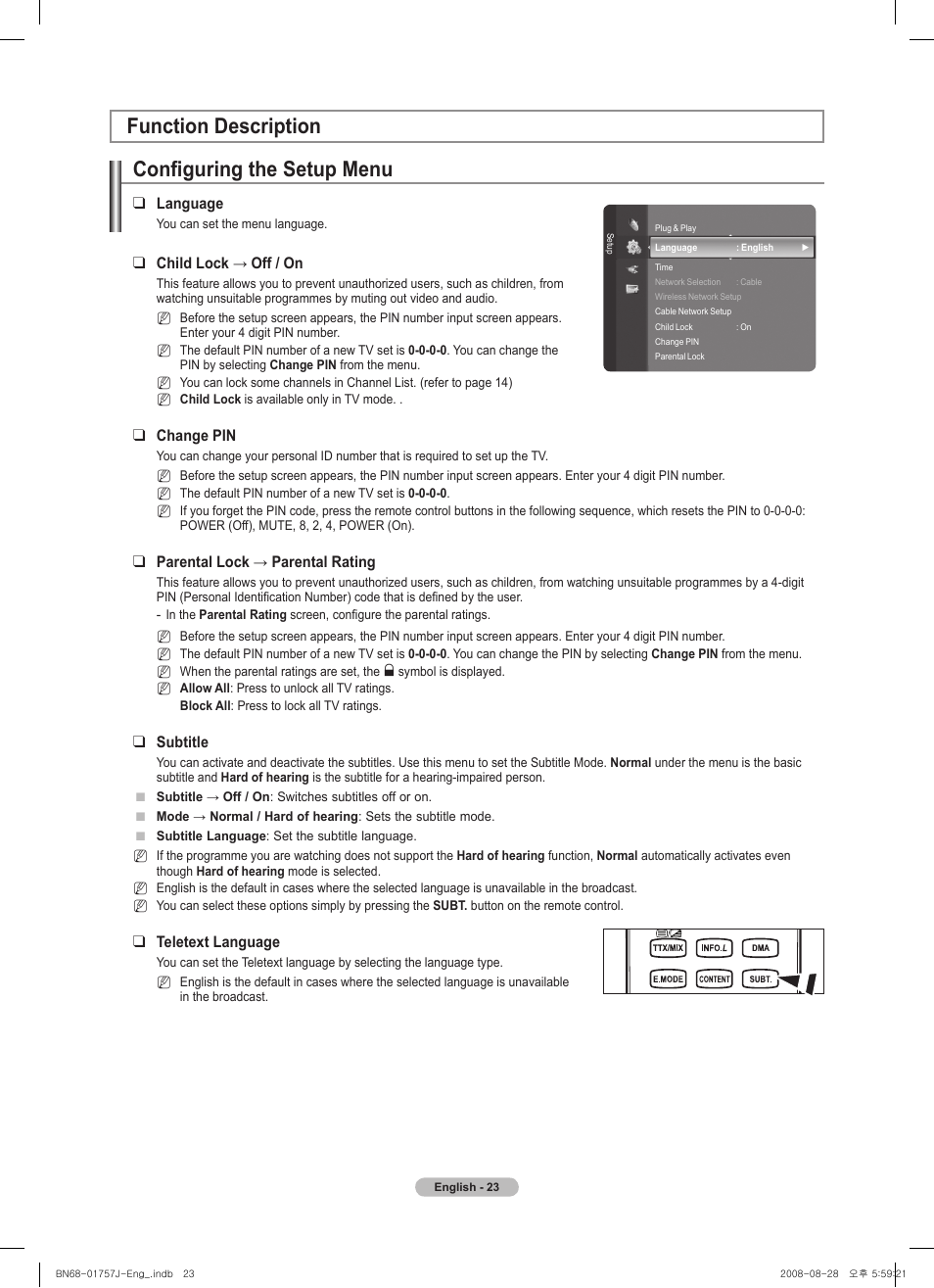 Function description, Configuring the setup menu | Samsung PS63A756T1M User Manual | Page 23 / 436