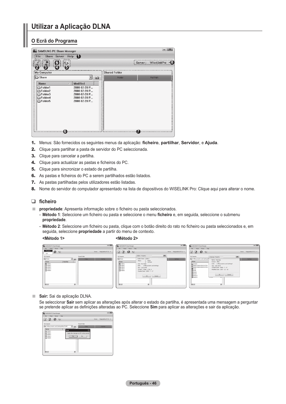 Utilizar a aplicação dlna, O ecrã do programa, Ficheiro | Samsung PS63A756T1M User Manual | Page 295 / 436