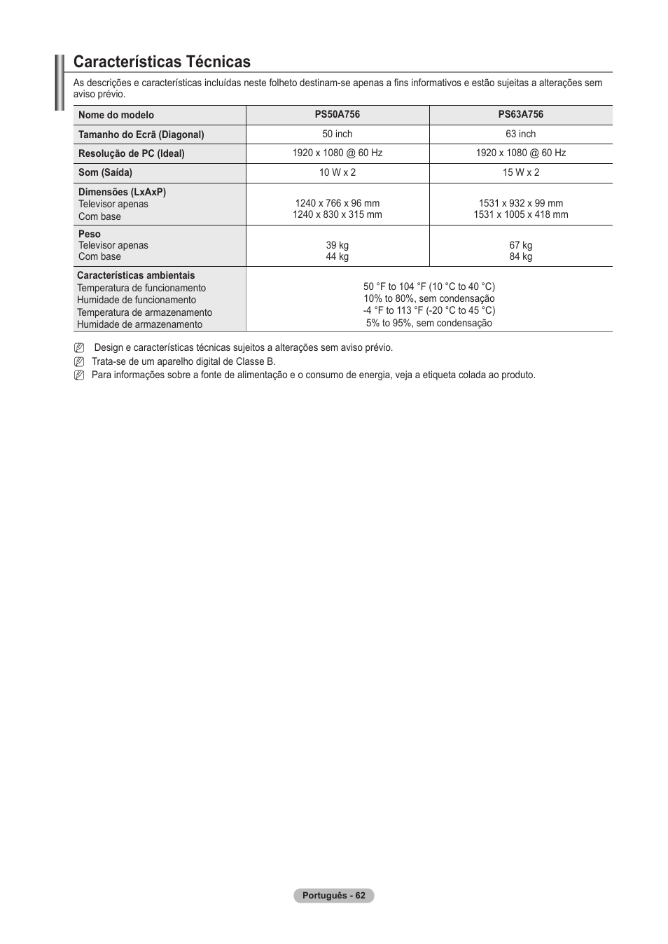 Características técnicas | Samsung PS63A756T1M User Manual | Page 311 / 436