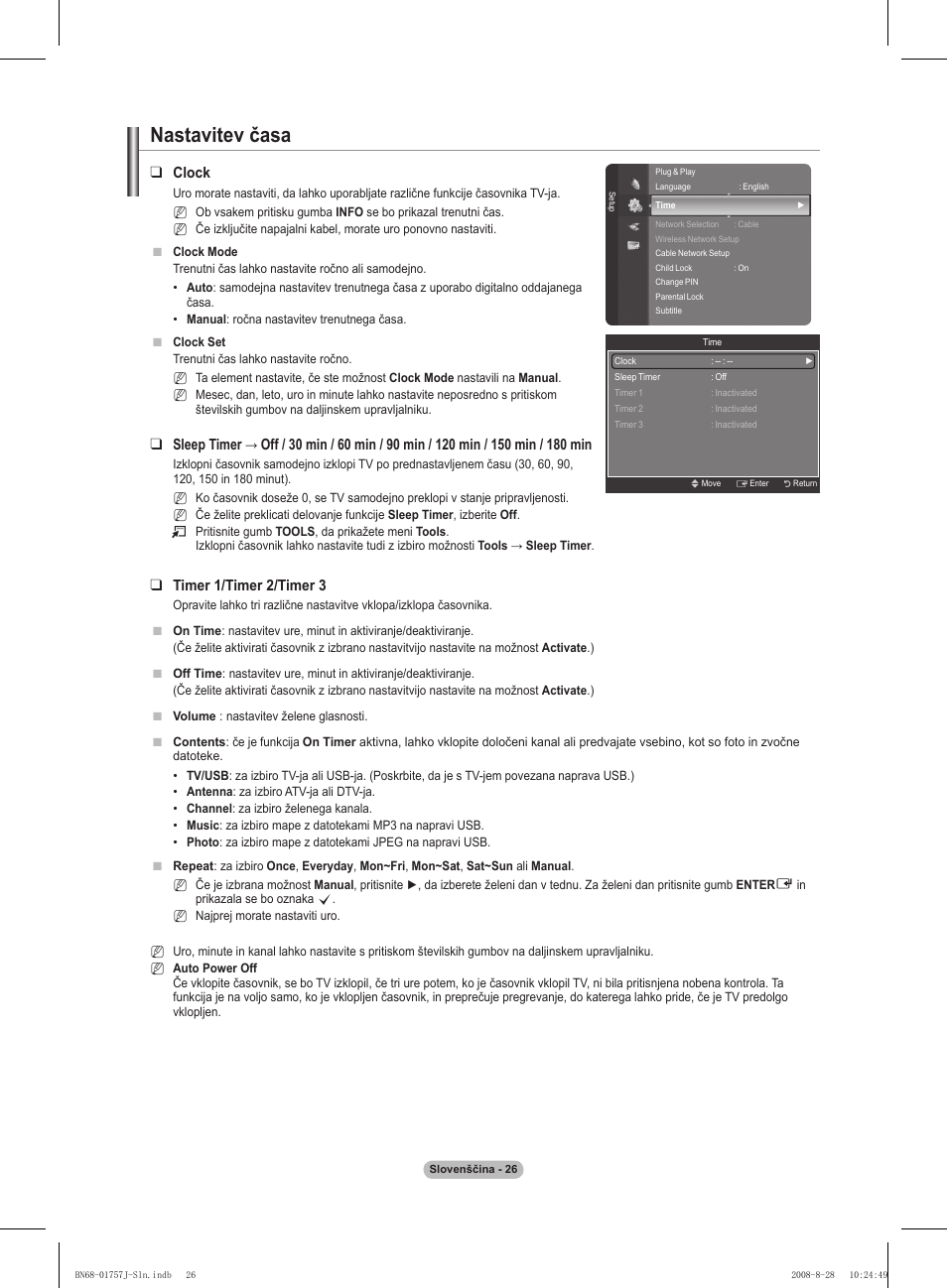 Nastavitev časa, Clock, Timer 1/timer /timer 3 | Samsung PS63A756T1M User Manual | Page 337 / 436