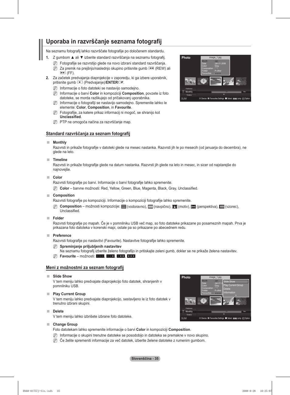 Uporaba in razvrščanje seznama fotografij, Standard razvrščanja za seznam fotografij, Meni z možnostmi za seznam fotografij | Samsung PS63A756T1M User Manual | Page 346 / 436