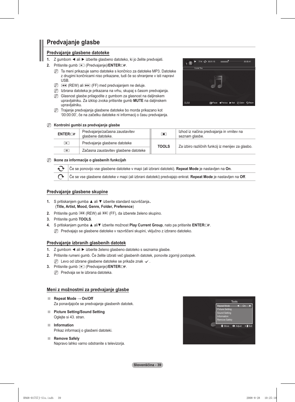 Predvajanje glasbe, Predvajanje glasbene datoteke, Predvajanje glasbene skupine | Predvajanje izbranih glasbenih datotek, Meni z možnostmi za predvajanje glasbe | Samsung PS63A756T1M User Manual | Page 350 / 436