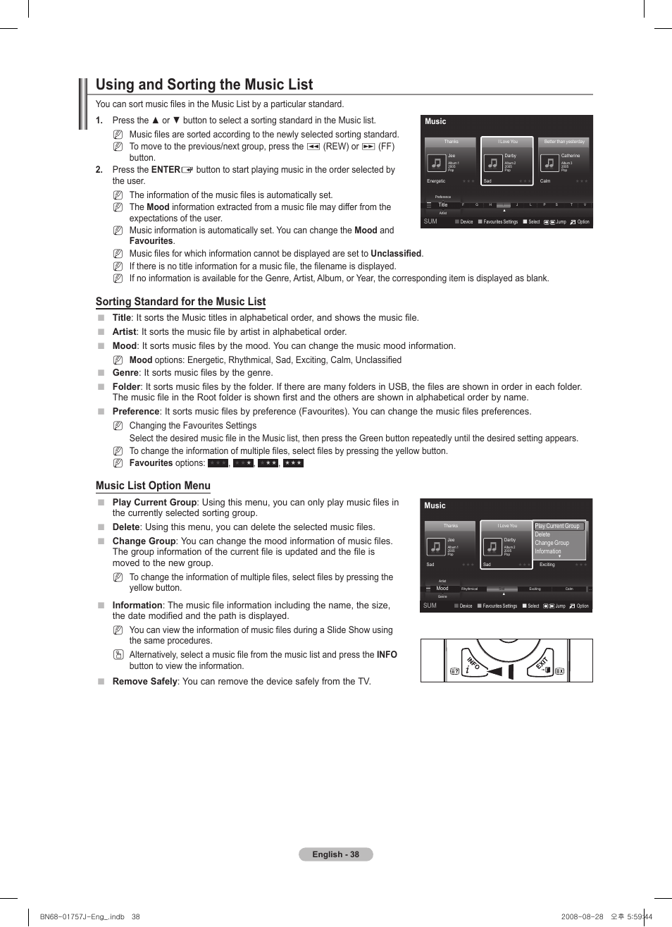 Using and sorting the music list, Sorting standard for the music list, Music list option menu | Rew) or, Ff) button. . press the enter, Nn n | Samsung PS63A756T1M User Manual | Page 38 / 436