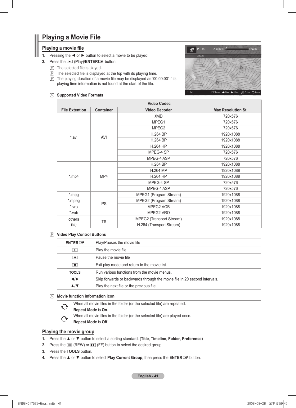 Playing a movie file, Playing a movie fi le, Playing the movie group | Samsung PS63A756T1M User Manual | Page 41 / 436