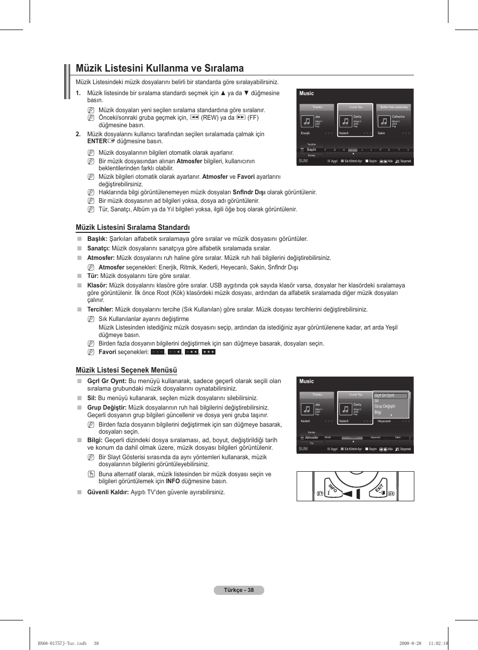 Müzik listesini kullanma ve sıralama, Müzik listesini sıralama standardı, Müzik listesi seçenek menüsü | Rew) ya da, Nn n | Samsung PS63A756T1M User Manual | Page 411 / 436