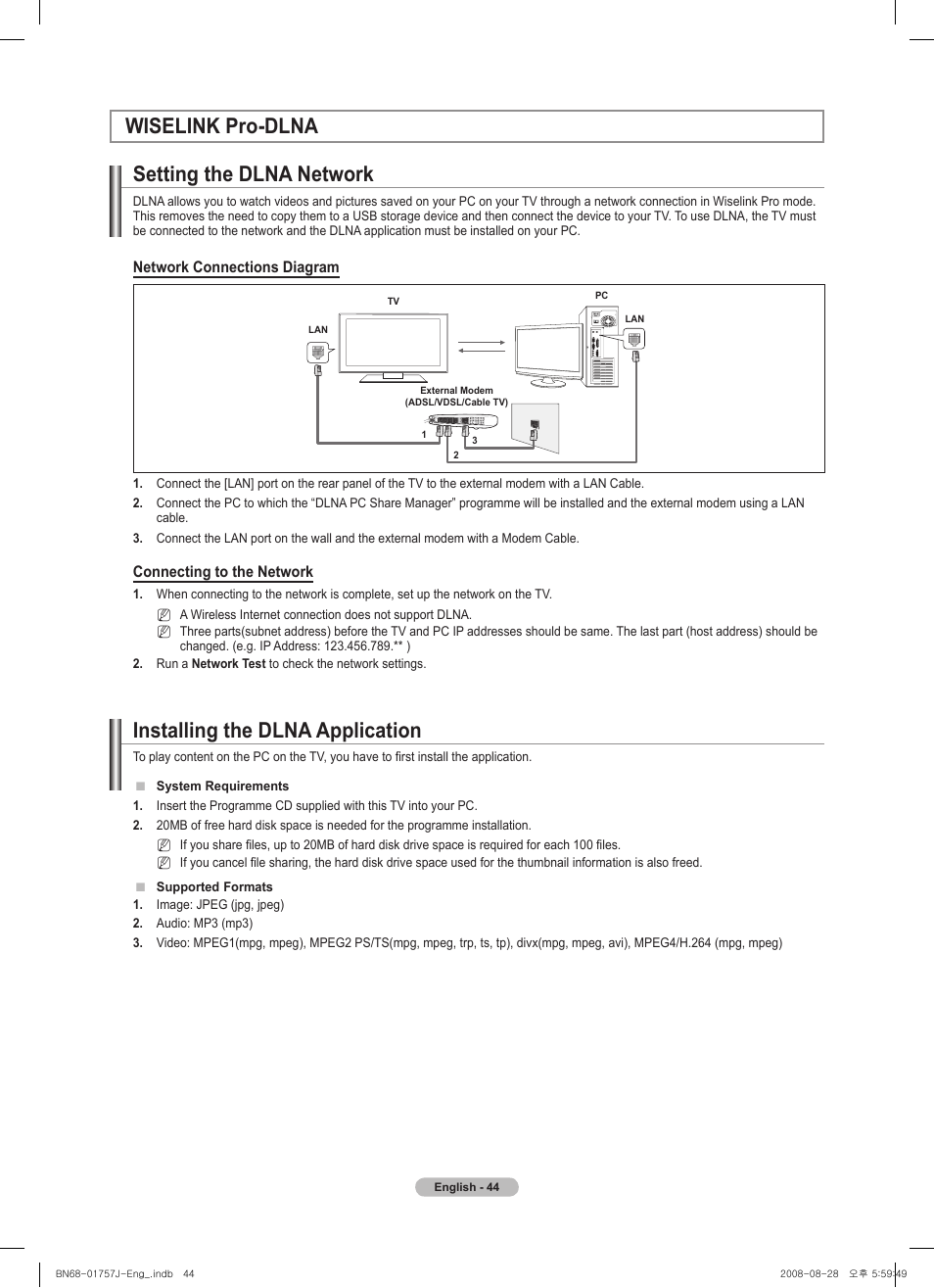Wiselink pro-dlna, Setting the dlna network, Installing the dlna application | Wiselink pro-dlna setting the dlna network | Samsung PS63A756T1M User Manual | Page 44 / 436