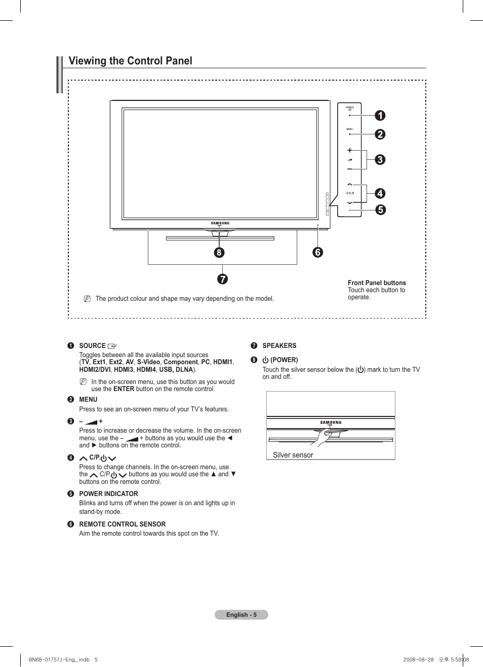 Viewing the control panel | Samsung PS63A756T1M User Manual | Page 5 / 436
