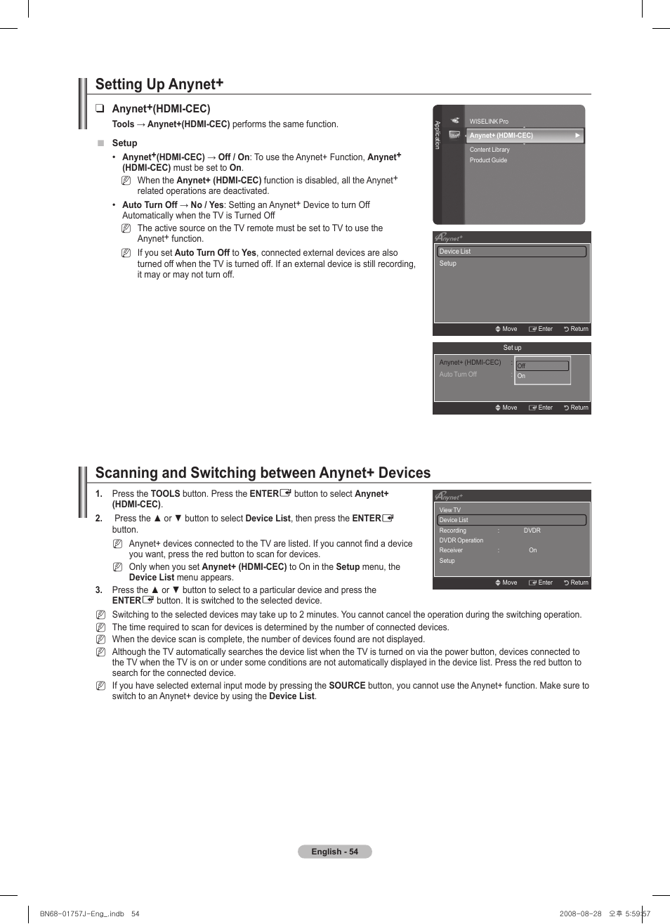 Setting up anynet, Scanning and switching between anynet+ devices, Anynet+(hdmi-cec) | Samsung PS63A756T1M User Manual | Page 54 / 436