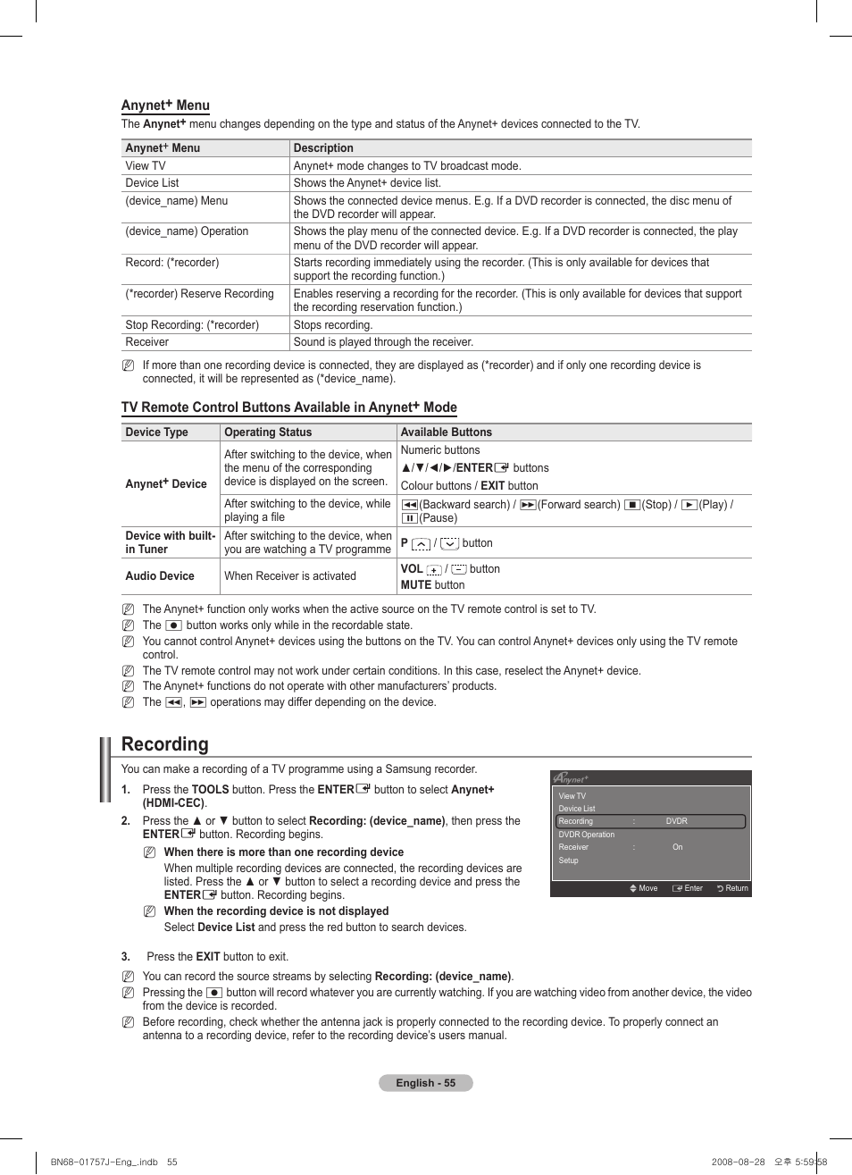 Recording, Anynet+ menu | Samsung PS63A756T1M User Manual | Page 55 / 436
