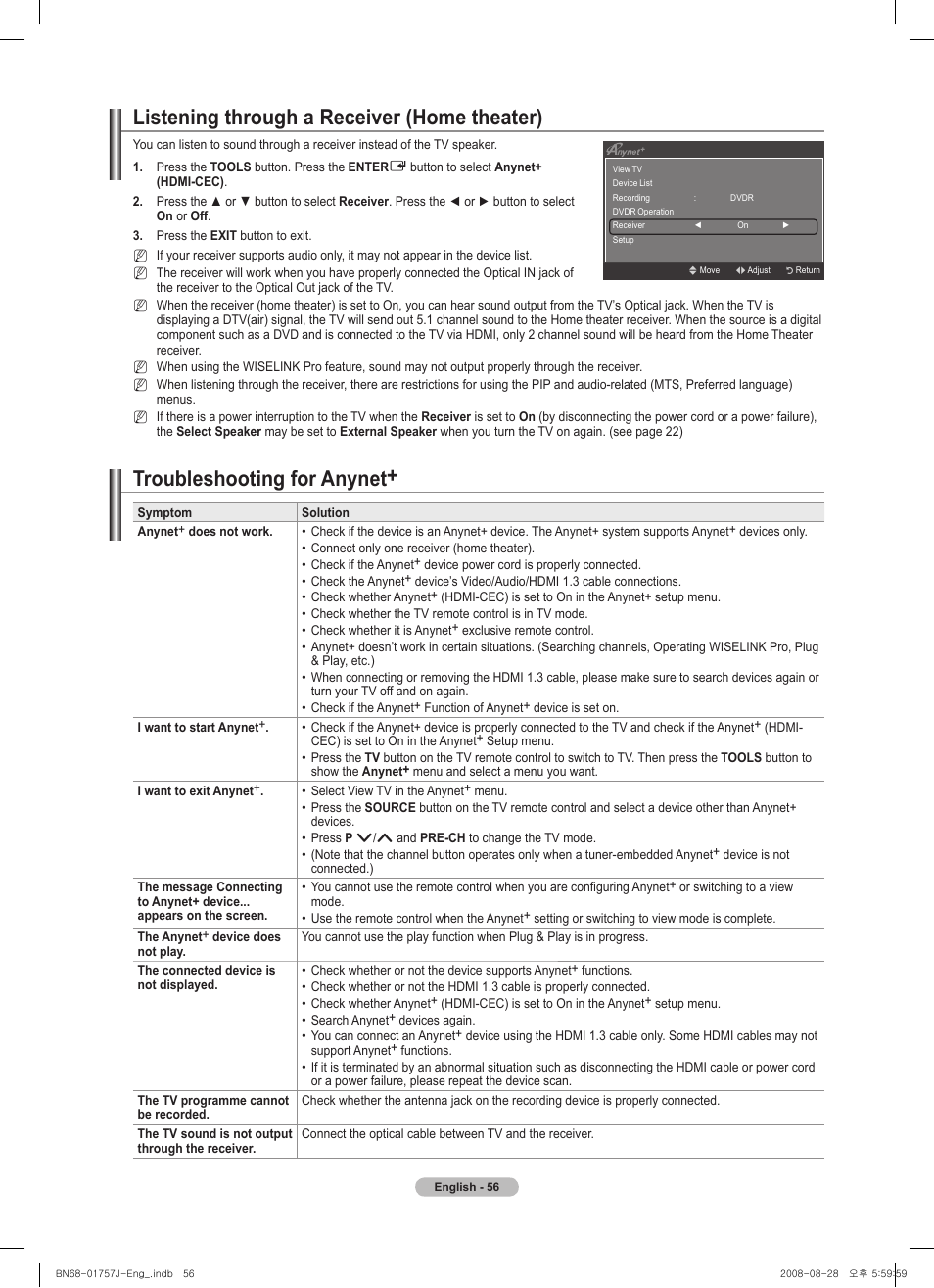Listening through a receiver (home theater), Troubleshooting for anynet | Samsung PS63A756T1M User Manual | Page 56 / 436