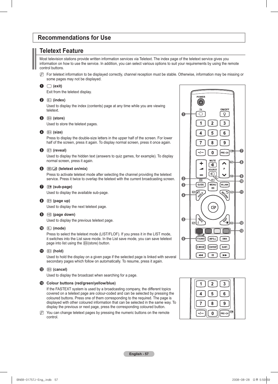 Recommendations for use, Teletext feature, Recommendations for use teletext feature | Samsung PS63A756T1M User Manual | Page 57 / 436