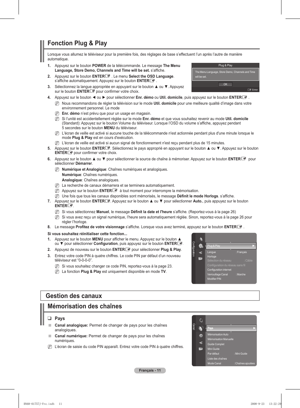 Fonction plug & play, Mémorisation des chaînes, Gestion des canaux | Pays | Samsung PS63A756T1M User Manual | Page 74 / 436