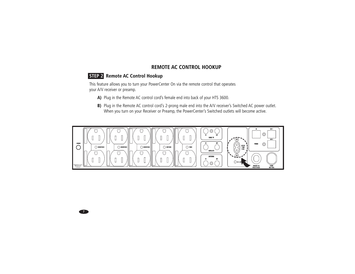 Remote ac control hookup, Step 2 remote ac control hookup | Monster Power Reference PowerCenter HTS 3600 User Manual | Page 15 / 48