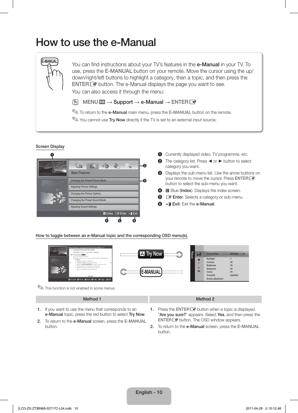 How to use the e-manual, A try now, E-manual | Menu m → support → e-manual → enter e | Samsung LE40D503F7W User Manual | Page 10 / 58